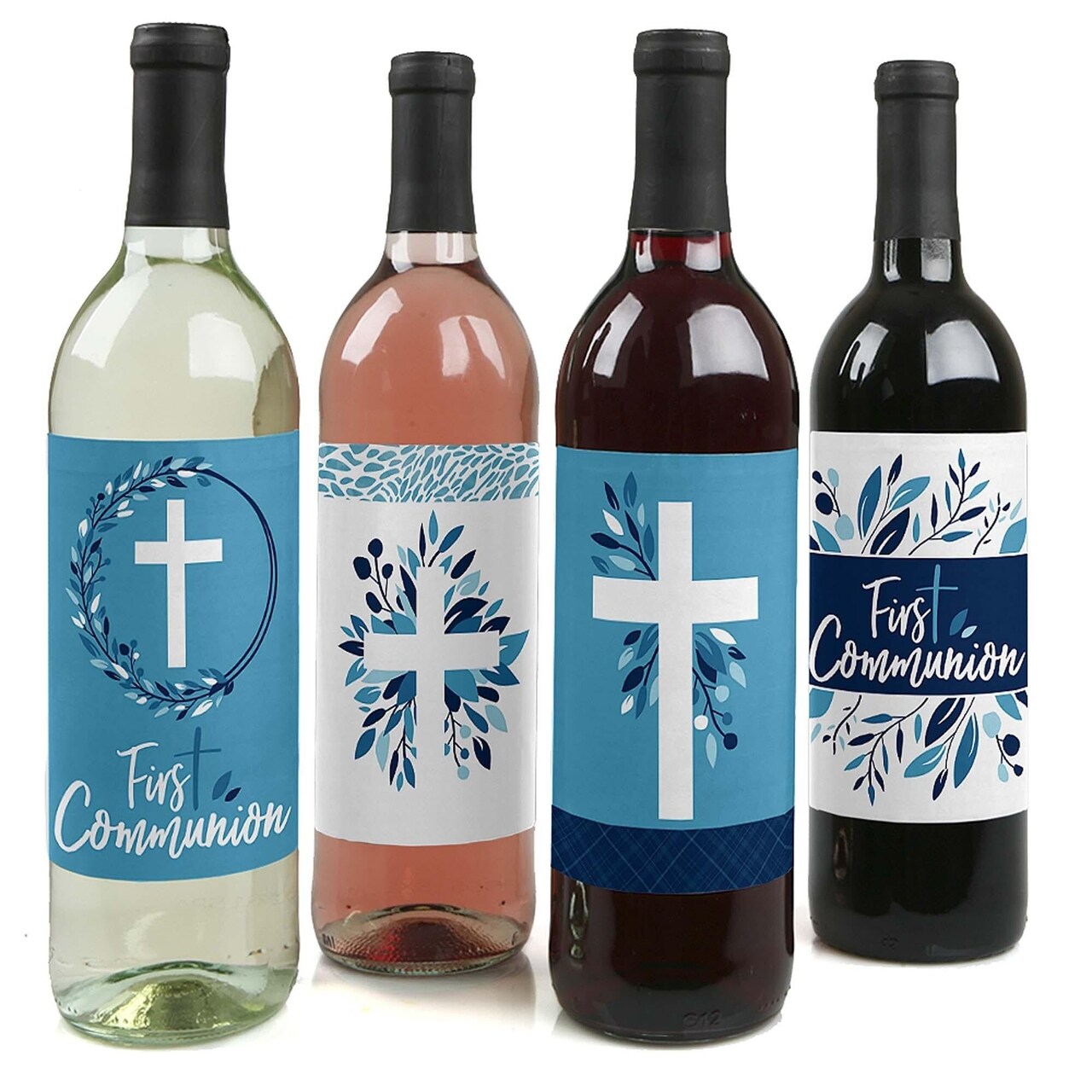 Big Dot of Happiness First Communion Blue Elegant Cross - Boy Religious Party Decorations for Women and Men - Wine Bottle Label Stickers - Set of 4